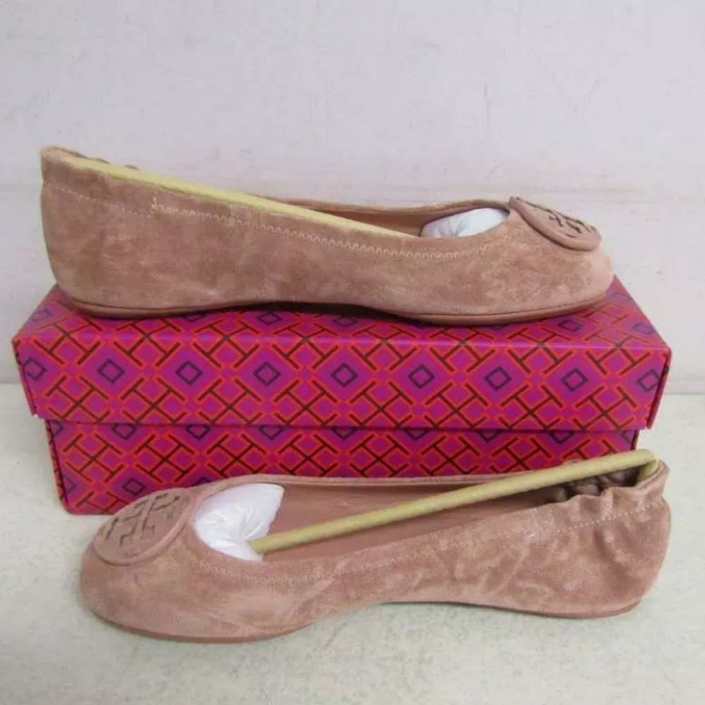 Tory Burch Women's 8.5 Minnie Travel Suede Leather Ballet Flats Malva Pink 57247